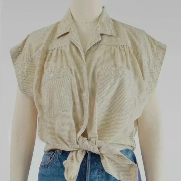 Vintage Linnay stripe boxy cap sleeve button down blouse pockets cream/white - Picture 1 of 10